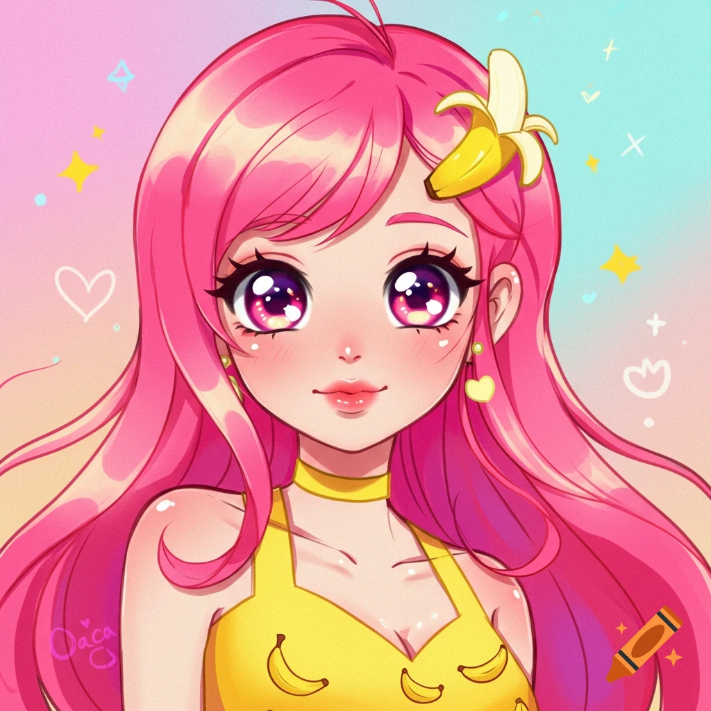 An anime girl with long pink hair and large eyes wears a yellow top with bananas and has a banana in her hair.