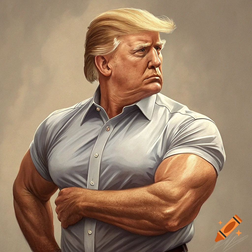 Realistic illustration of a very muscular Donald Trump in a dress shirt, looking left.