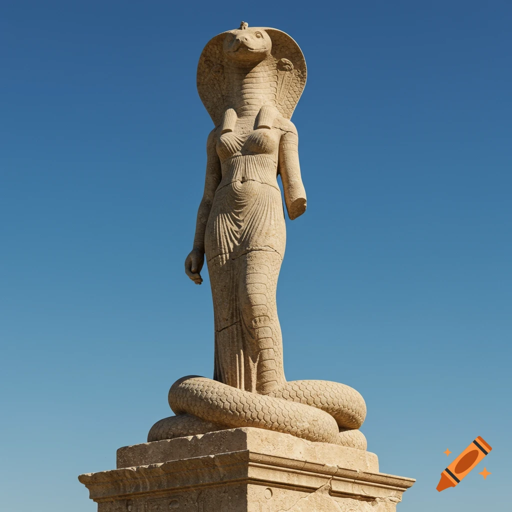 Stone statue of a snake-headed goddess with a human body, standing on a pedestal against a blue sky.