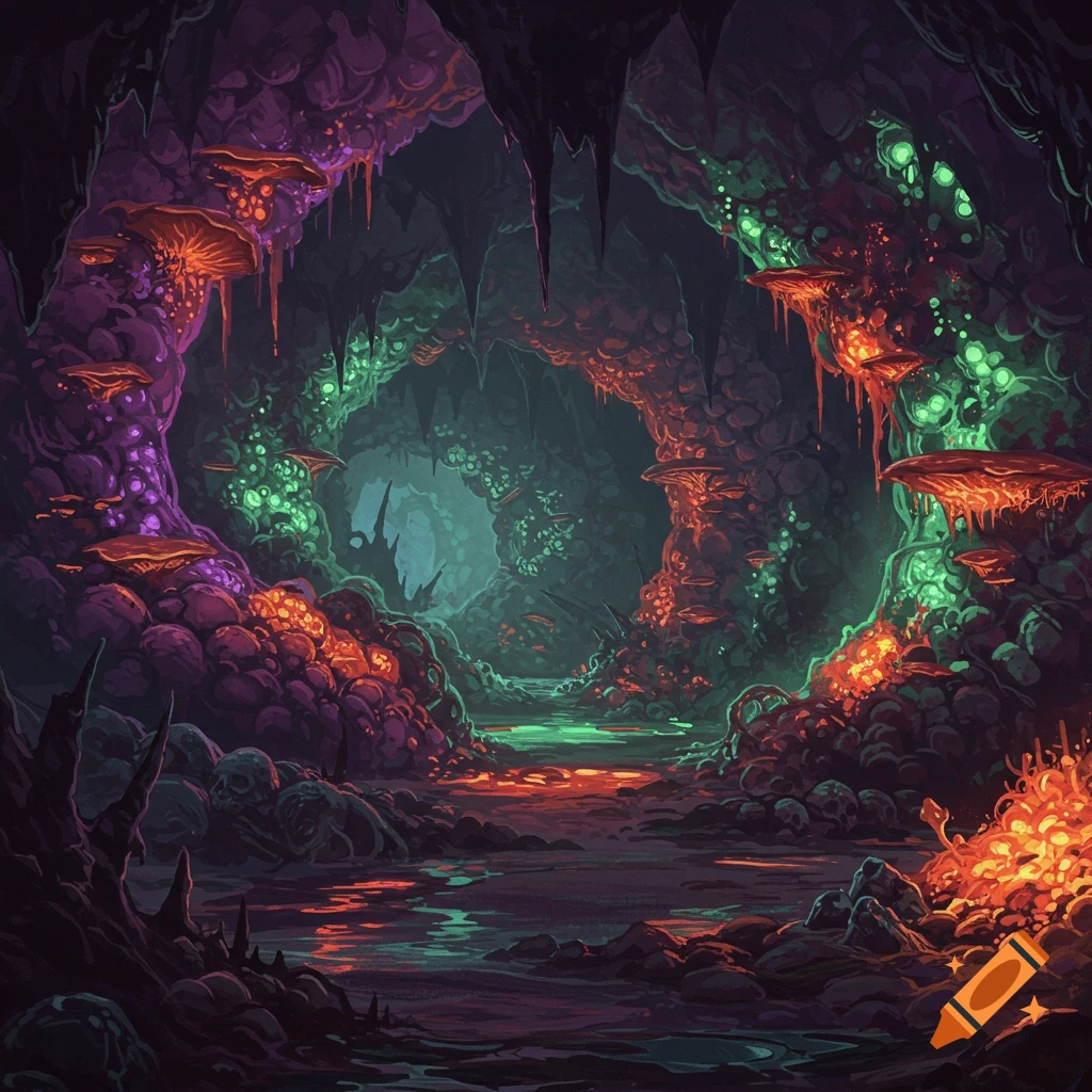 A fantasy cave filled with glowing fungal formations and strange organic growth, with a dark waterway.