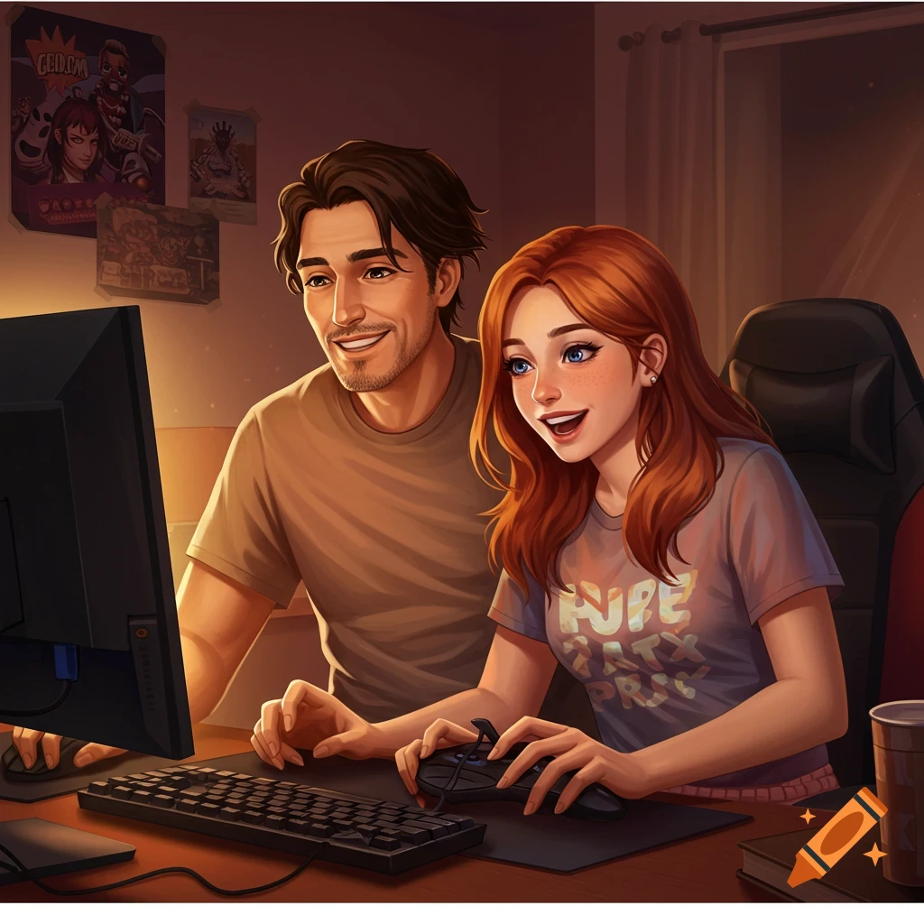 A couple is smiling and playing computer games together.