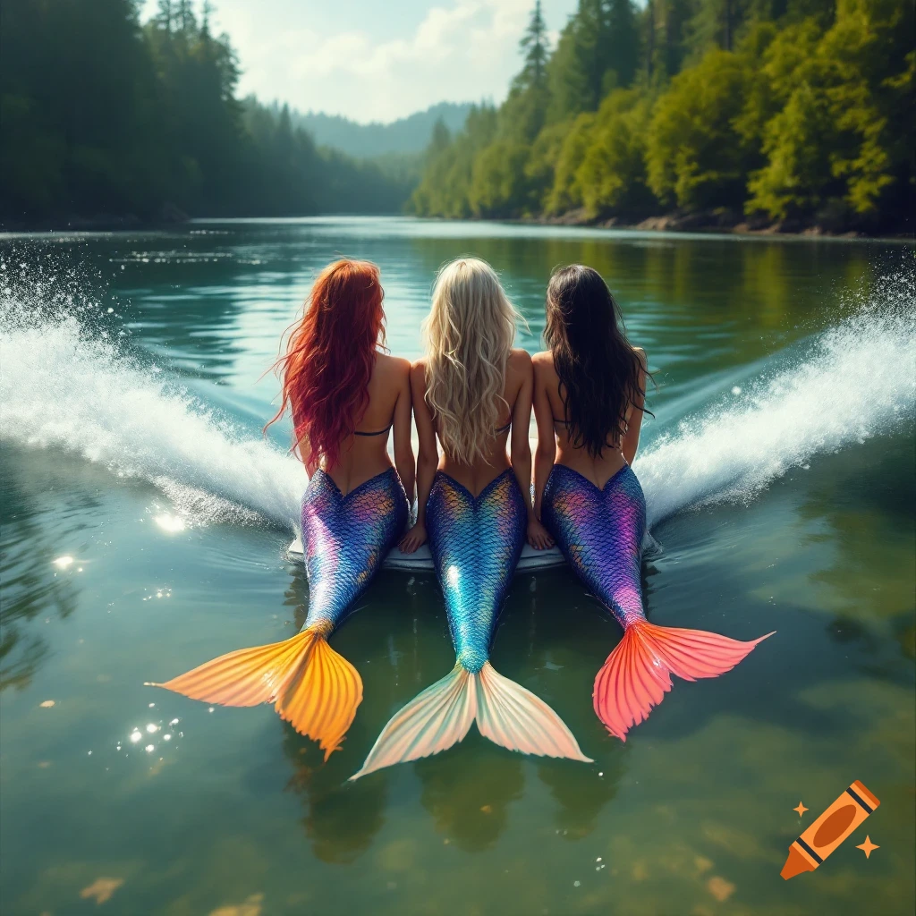 Three mermaids with colorful tails sit on a boat wake in a lake surrounded by trees.