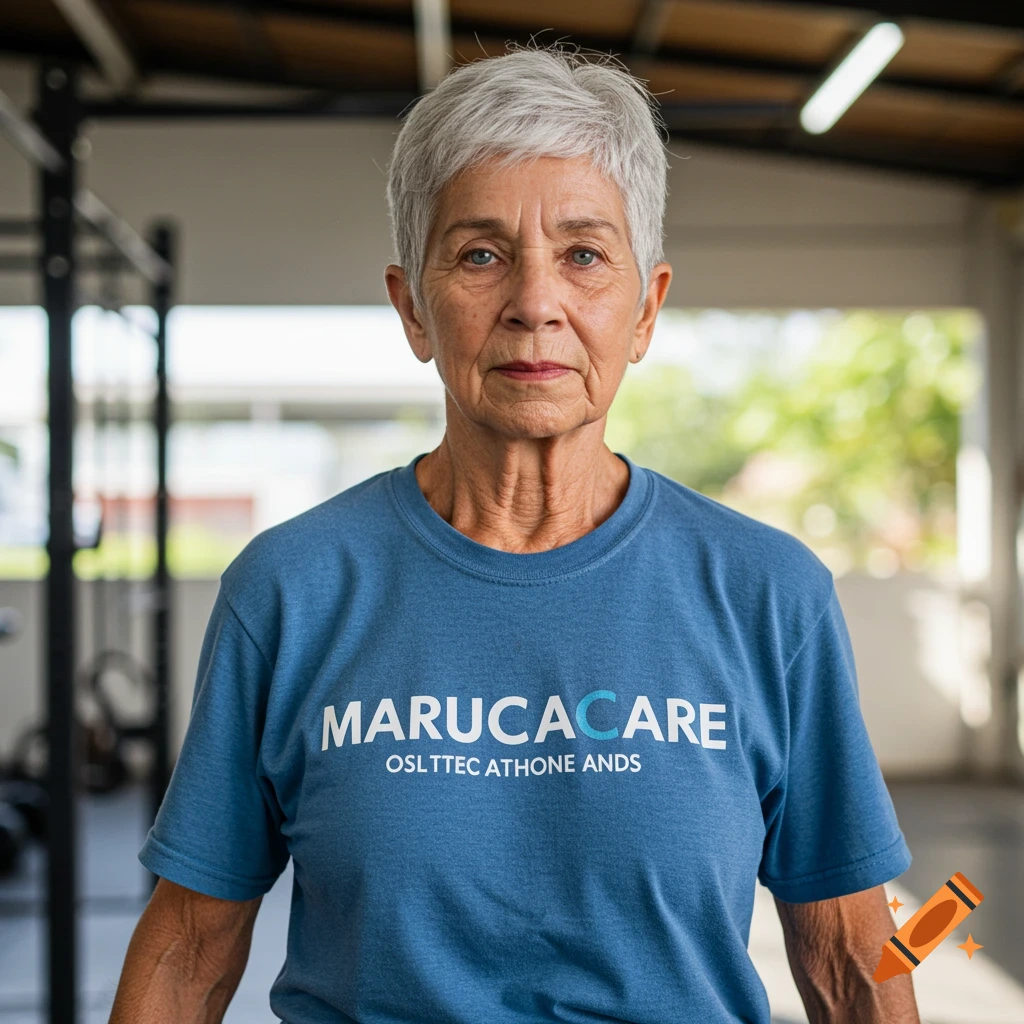 Elderly woman in blue MarucaCare shirt standing in a gym.