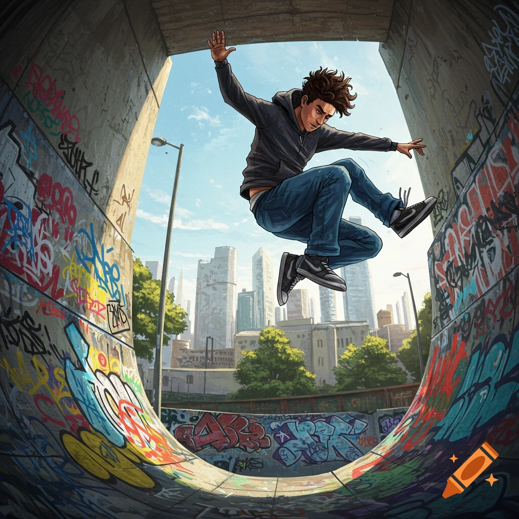 A skateboarder is captured in mid-air, leaping high over a graffiti-covered skatepark ramp. Behind them, a city skyline stretches into the distance.