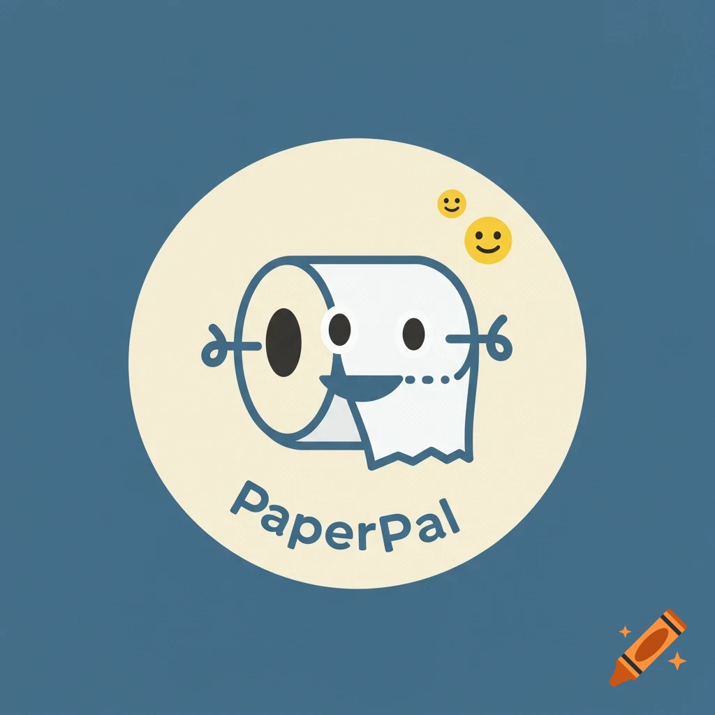 Cartoon logo of a toilet paper roll character with smiley faces on a blue background.