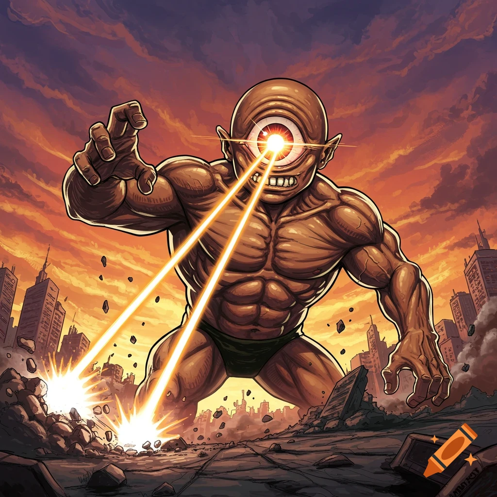 A giant cyclops monster destroys a city with laser beams shooting from its eye. The style is like a comic book illustration.