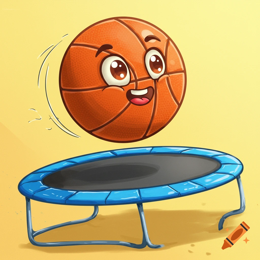 A cartoon basketball with a face bounces on a trampoline.