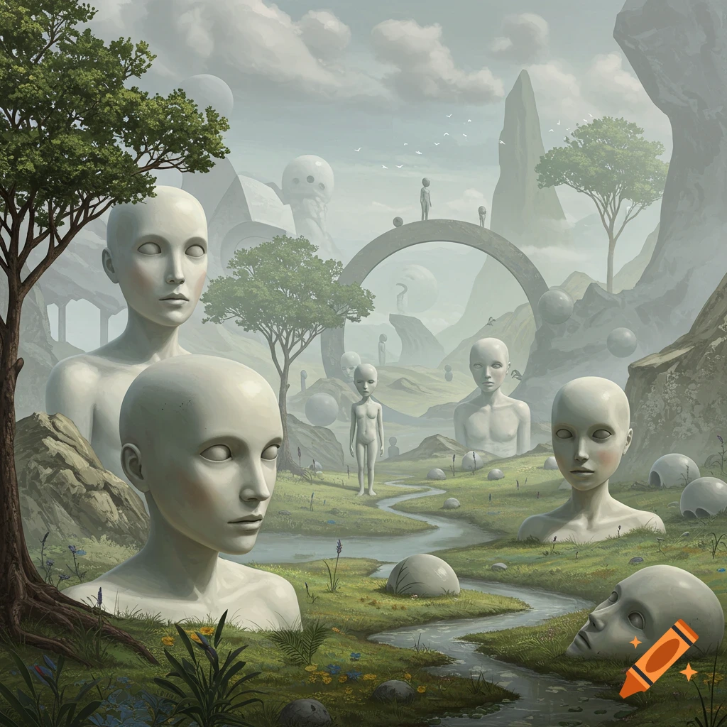 Surreal landscape with smooth, blank figures and floating spheres.