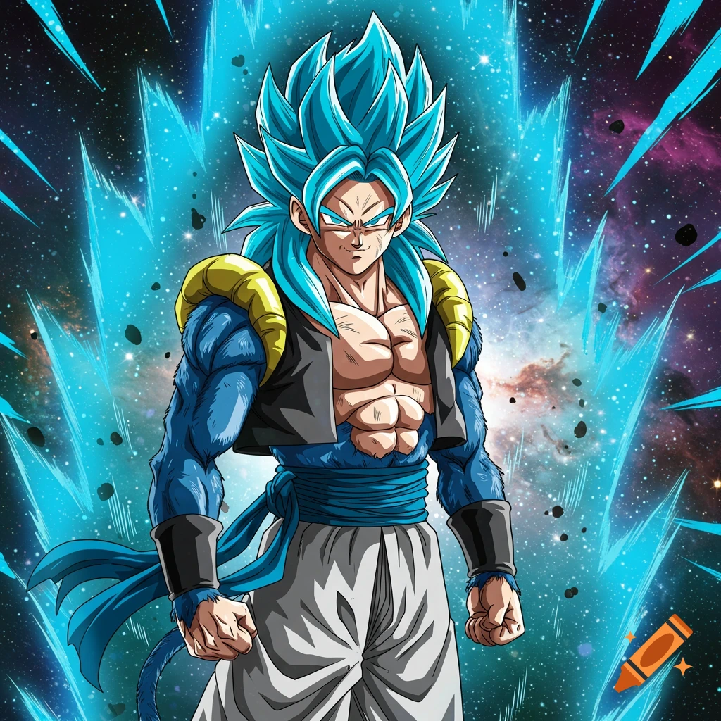 Gogeta in blue Super Saiyan form with fur, against space background.