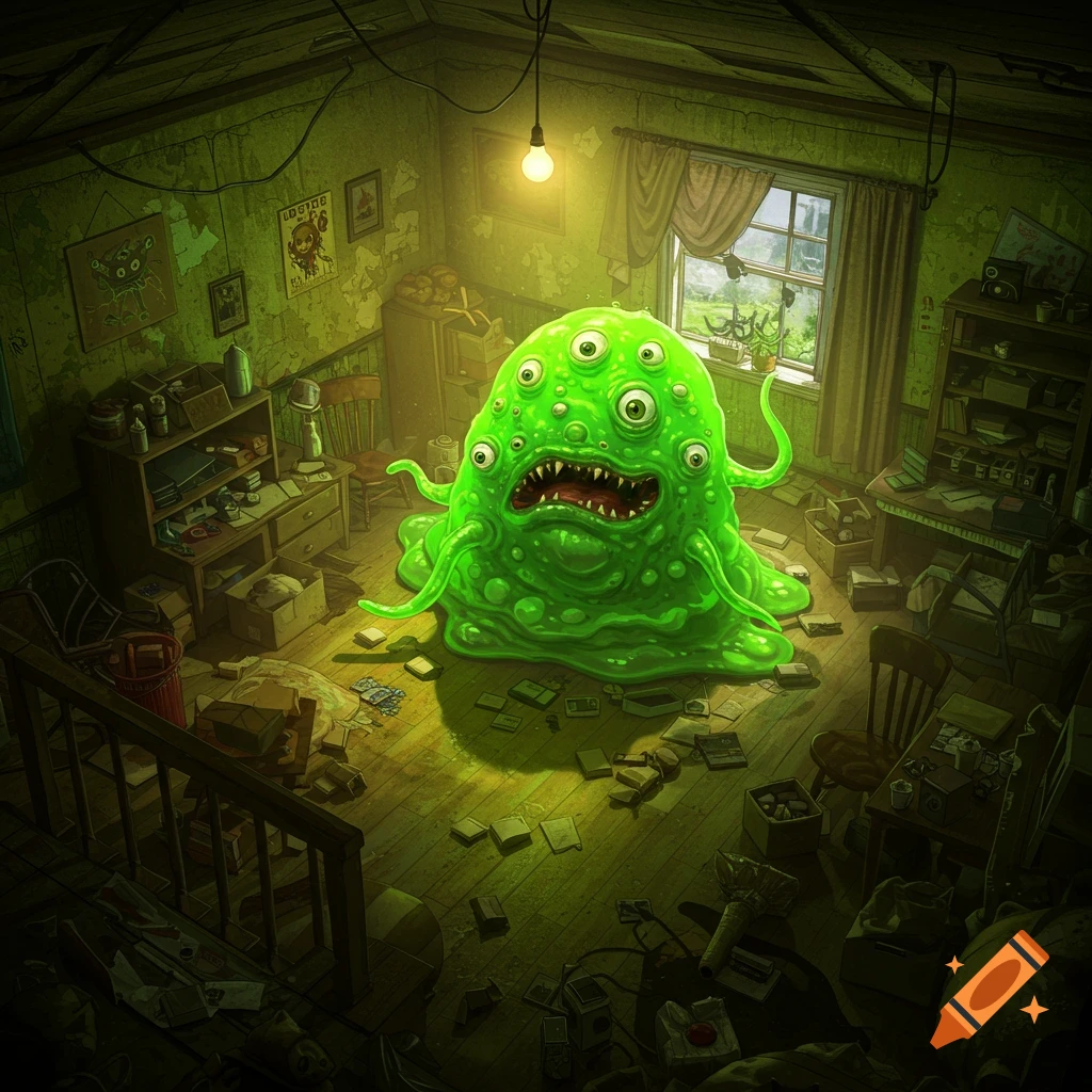 A multi-eyed green blob monster in a cluttered hoarder house interior.