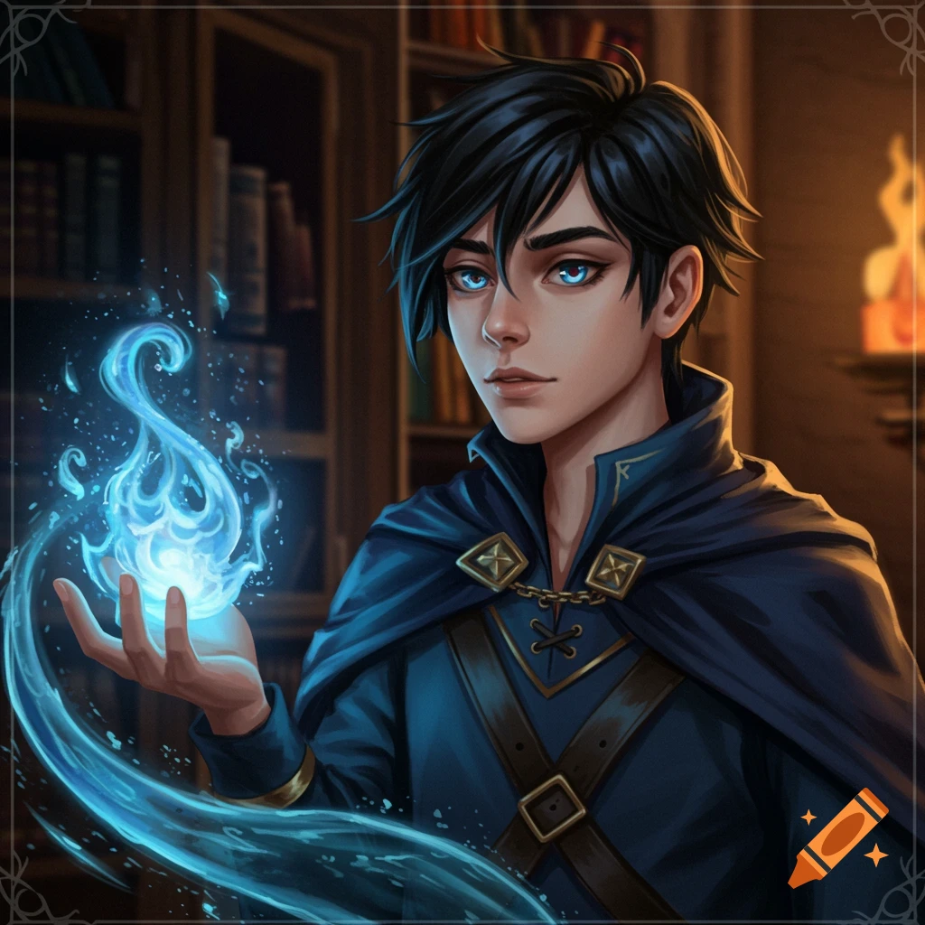A young man with black hair and blue eyes casting blue magic in a library.