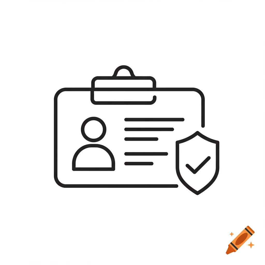 Minimalist line art icon of an identification card with a person silhouette, text lines, and a security shield with a checkmark.