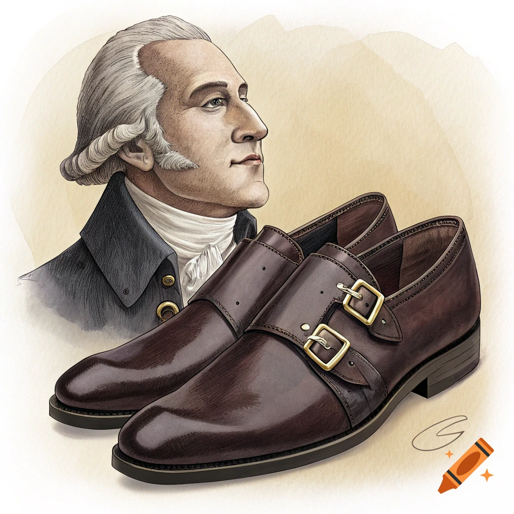 Illustration of a man resembling George Washington looking at a pair of brown monk strap shoes.