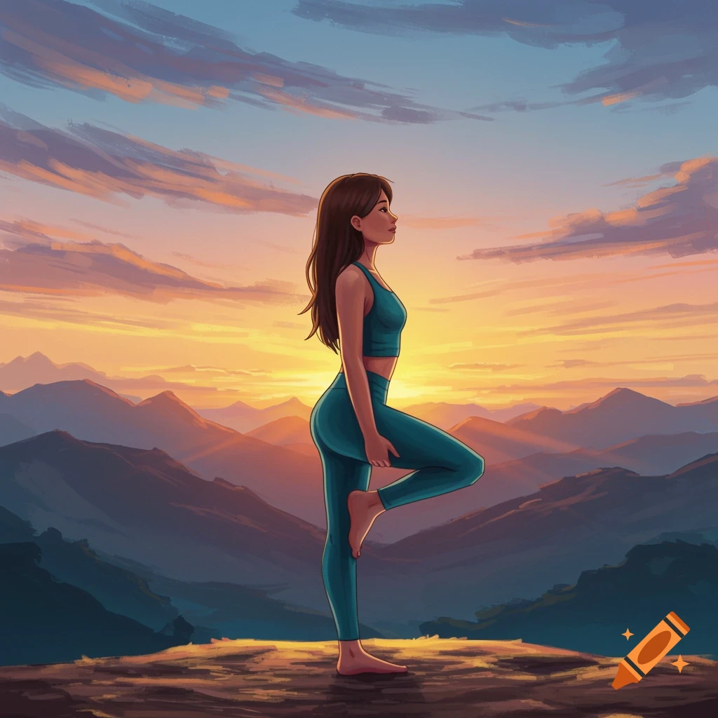 A woman is doing yoga on a mountain cliff at sunrise.