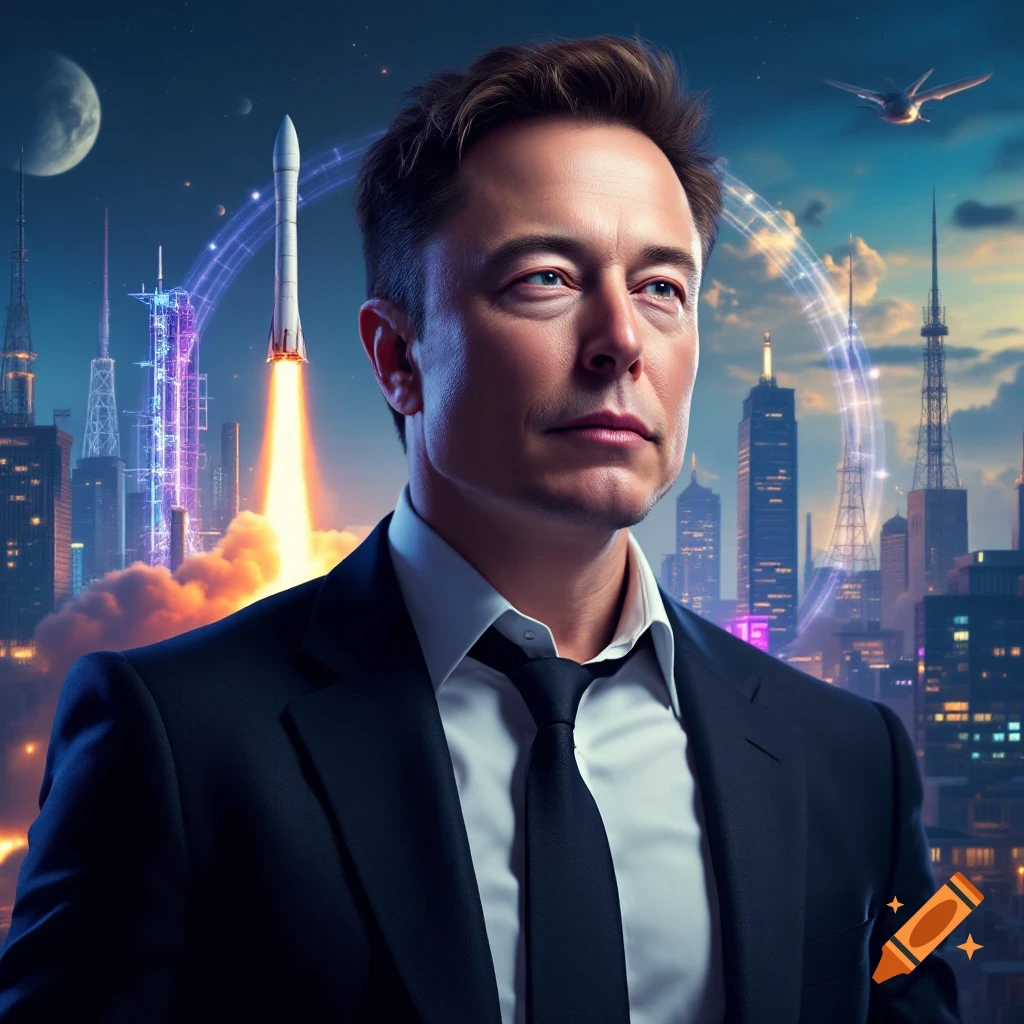 Photorealistic portrait of Elon Musk in a suit against a background of a futuristic city, a rocket launching, and celestial bodies.
