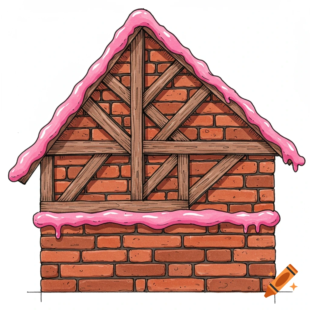 Illustration of a brick house gable end with wood beams and pink icing/gum mortar.
