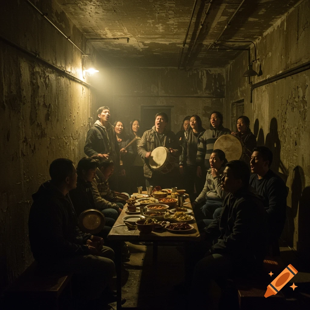 Group of people singing and playing drums around a table of food in a dimly lit bunker