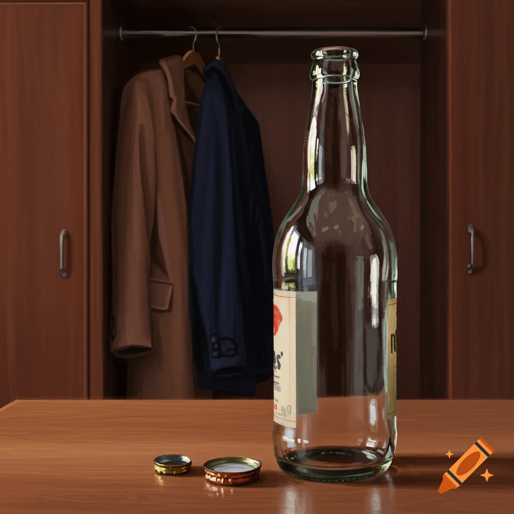 A glass bottle and two bottle caps on a table, with clothes hanging in a closet behind it.