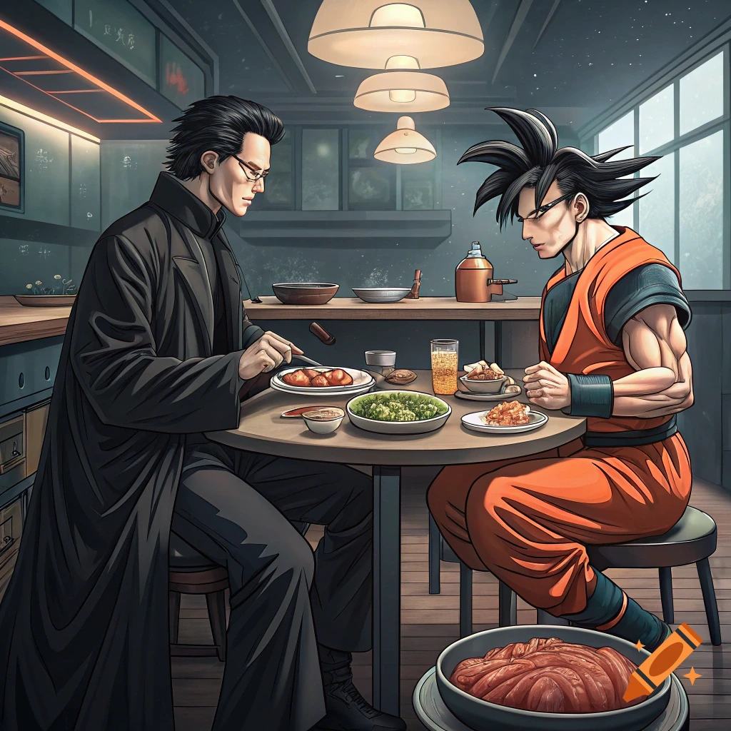 Neo and Goku eating dinner at a table in an anime style.
