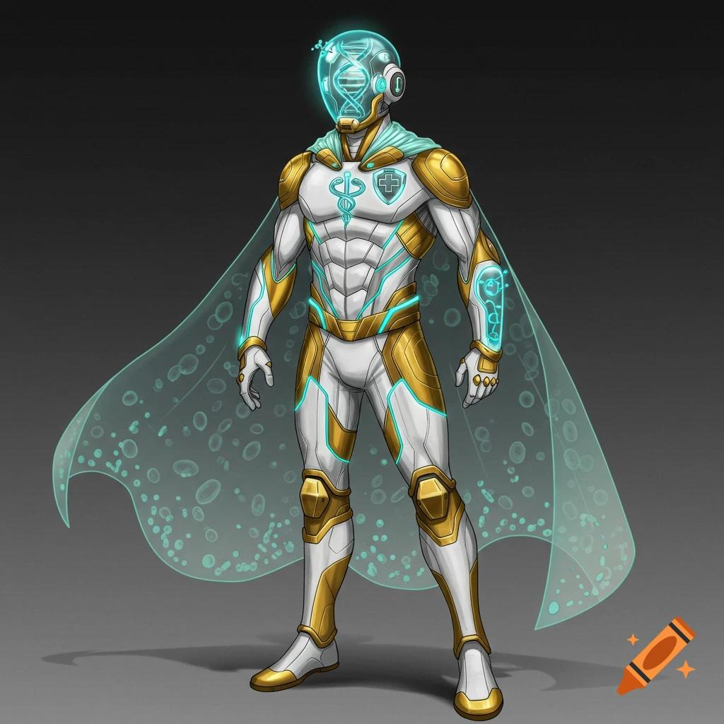 A futuristic superhero in white and gold armor with a DNA strand in the helmet, medical symbols, and a transparent cape.