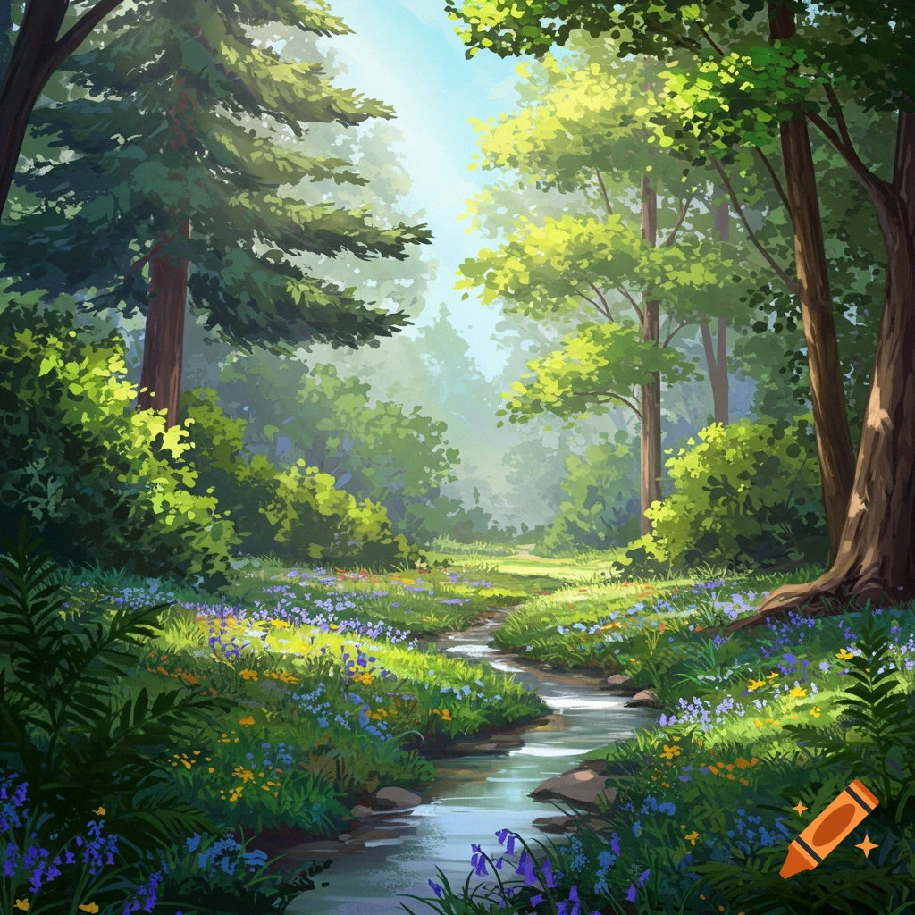 A sunlit forest with a stream, wildflowers, and tall trees.