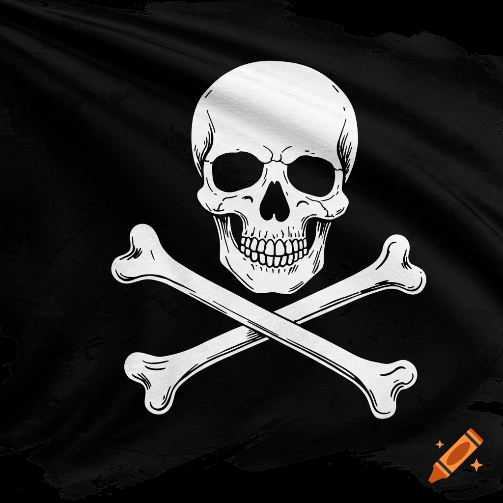 A black pirate flag with a white skull and crossbones.
