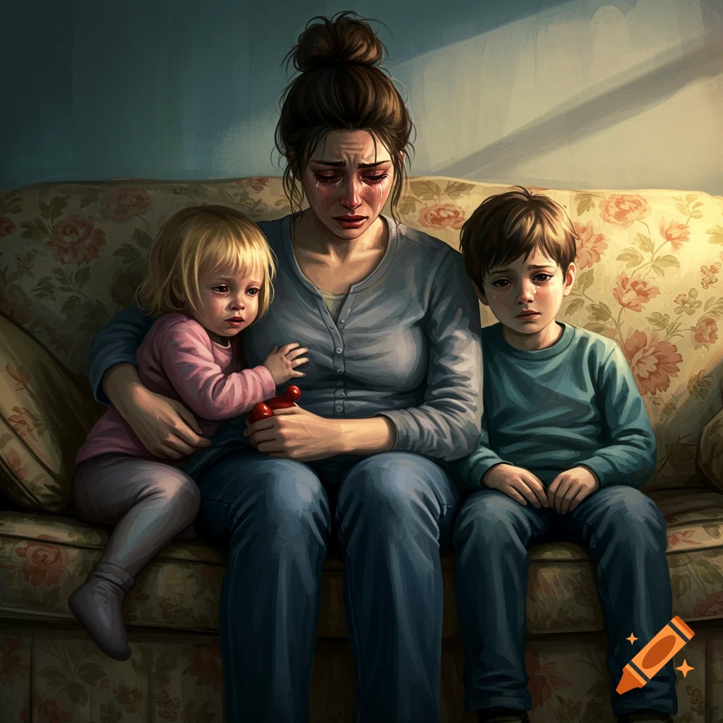 A distraught mother is crying with her two sad children on a couch.