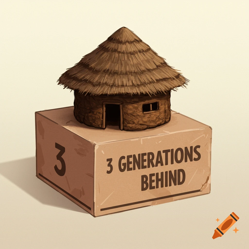 A toy African hut with a thatched roof sits on a cardboard box that reads '3 Generations Behind'.