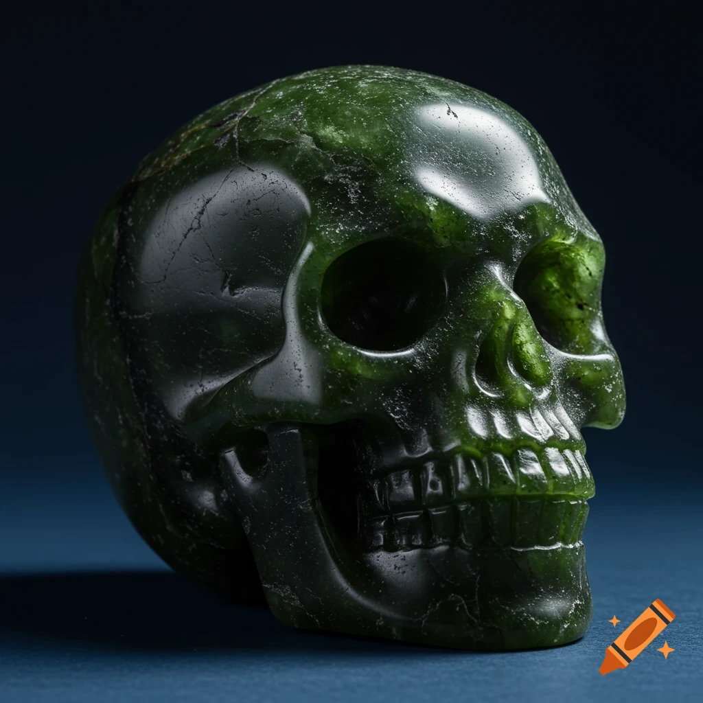 A photo of a green crystal skull sculpture.
