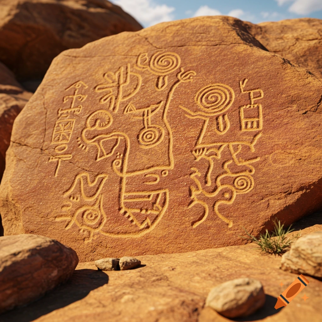 Ancient symbols carved into a reddish rock in a desert