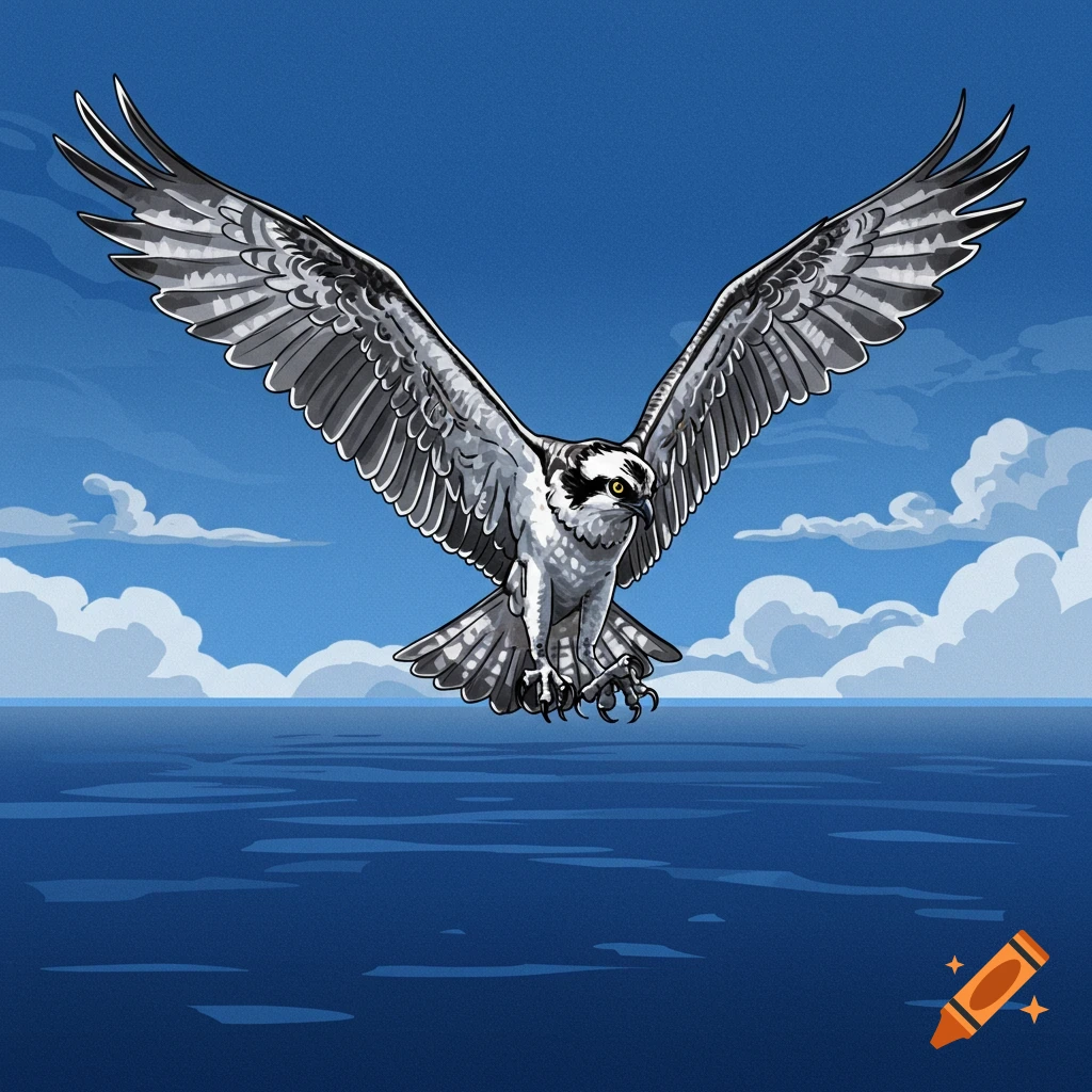An osprey flying over blue water.