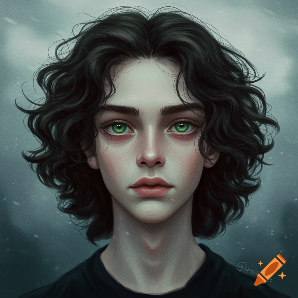 Portrait of a boy with dark curly hair and green eyes against a stormy background.