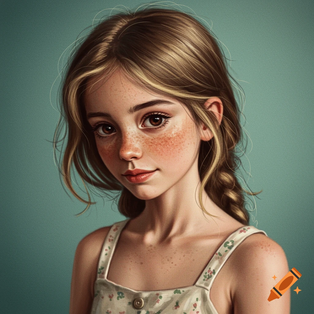 Portrait of a girl with freckles and brown hair wearing a floral dress.