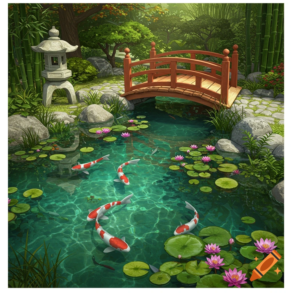 A Japanese garden pond featuring koi fish, lily pads, a bridge, and a stone lantern.