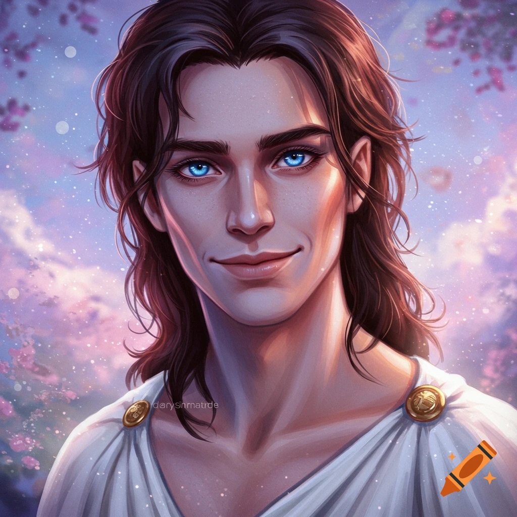 A young man with long brown hair and blue eyes smiles in a fantasy sky.