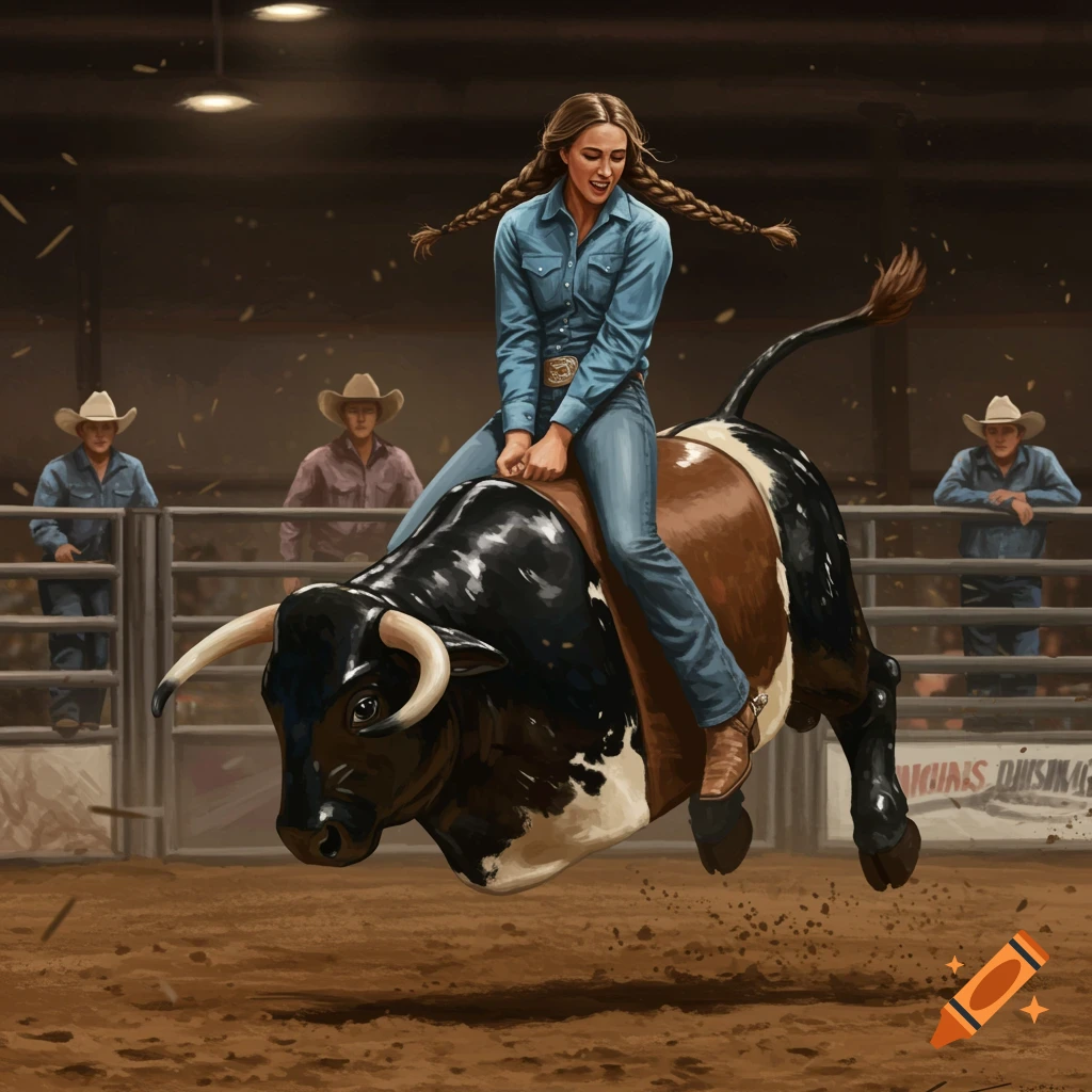 A cowgirl is riding a bull in a rodeo arena.