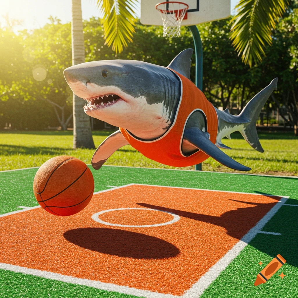 A shark in an orange jersey plays basketball on an outdoor court.