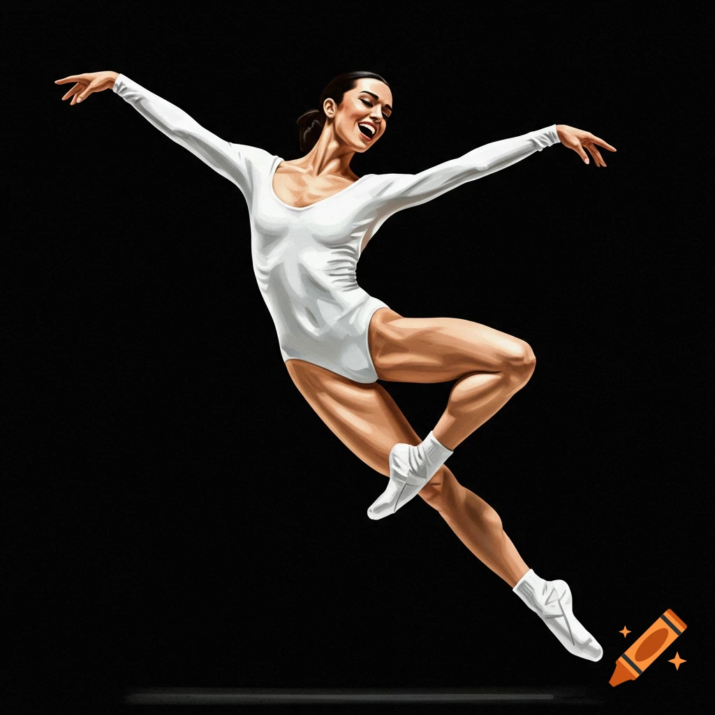 A dancer in a white leotard leaping against a black background.