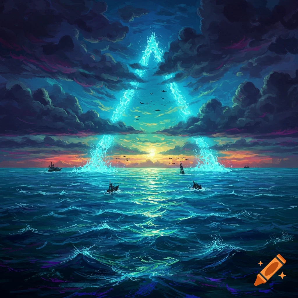 A glowing blue energy triangle hovers above a stormy sea with ships silhouetted against the sunset.