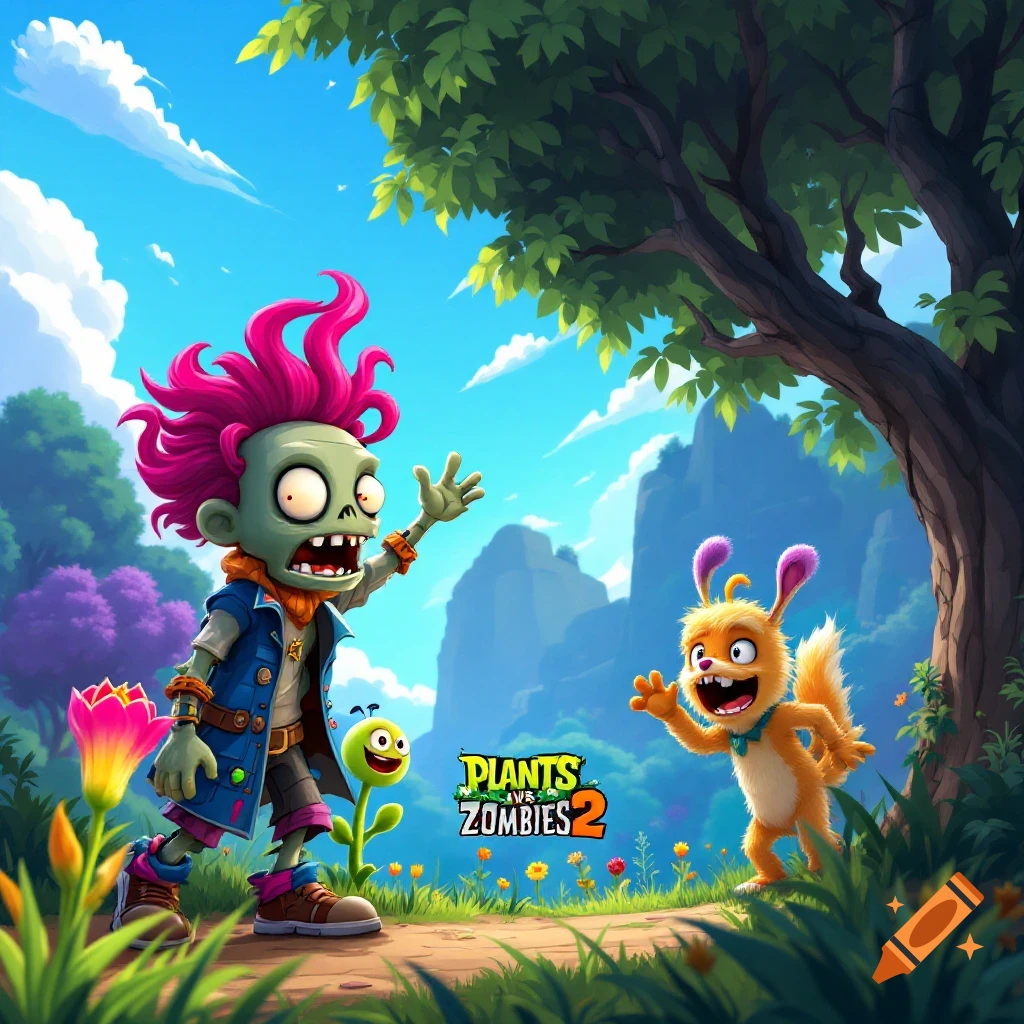 Cartoon zombie and fuzzy creature smiling in a park with a 'PLANTS vs ZOMBIES 2' logo.