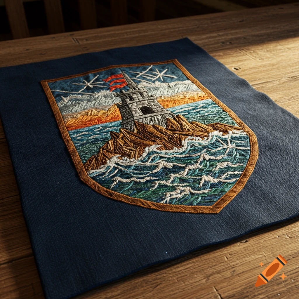 An embroidered emblem depicting a tower on rocks by the sea, on blue cloth on a wooden table.