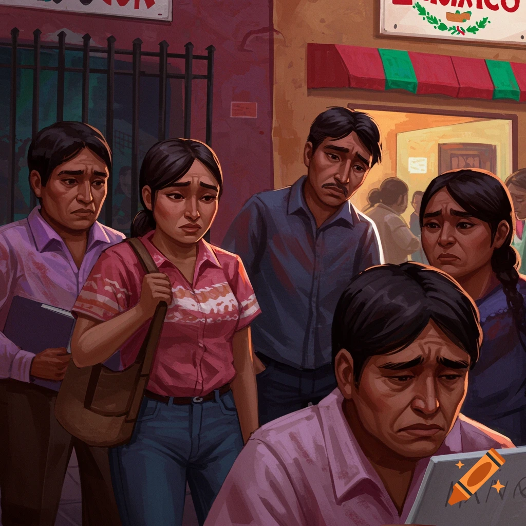Sad-faced Mexican people in a street scene.