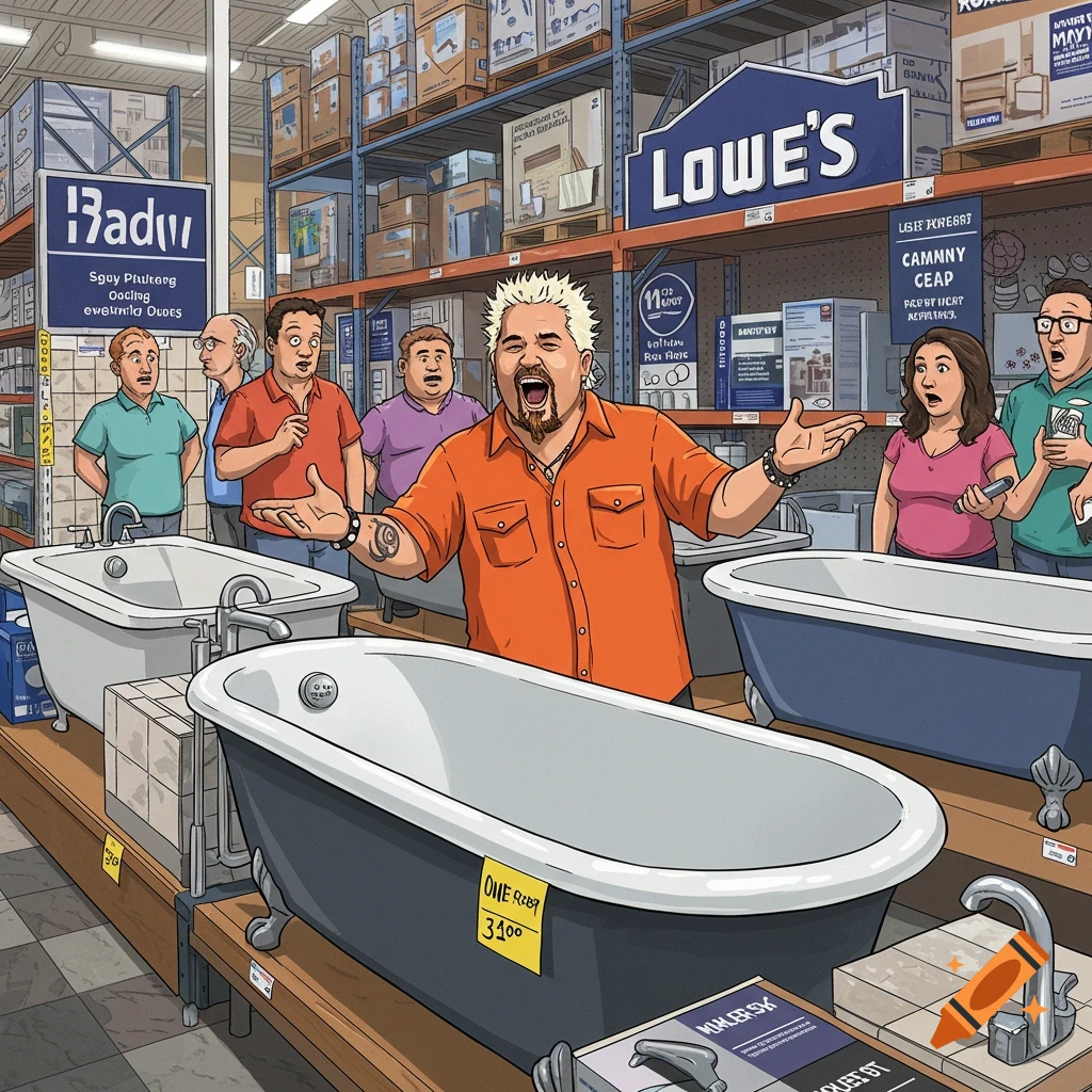 Guy Fieri gesturing excitedly while selling bathtubs in a store.