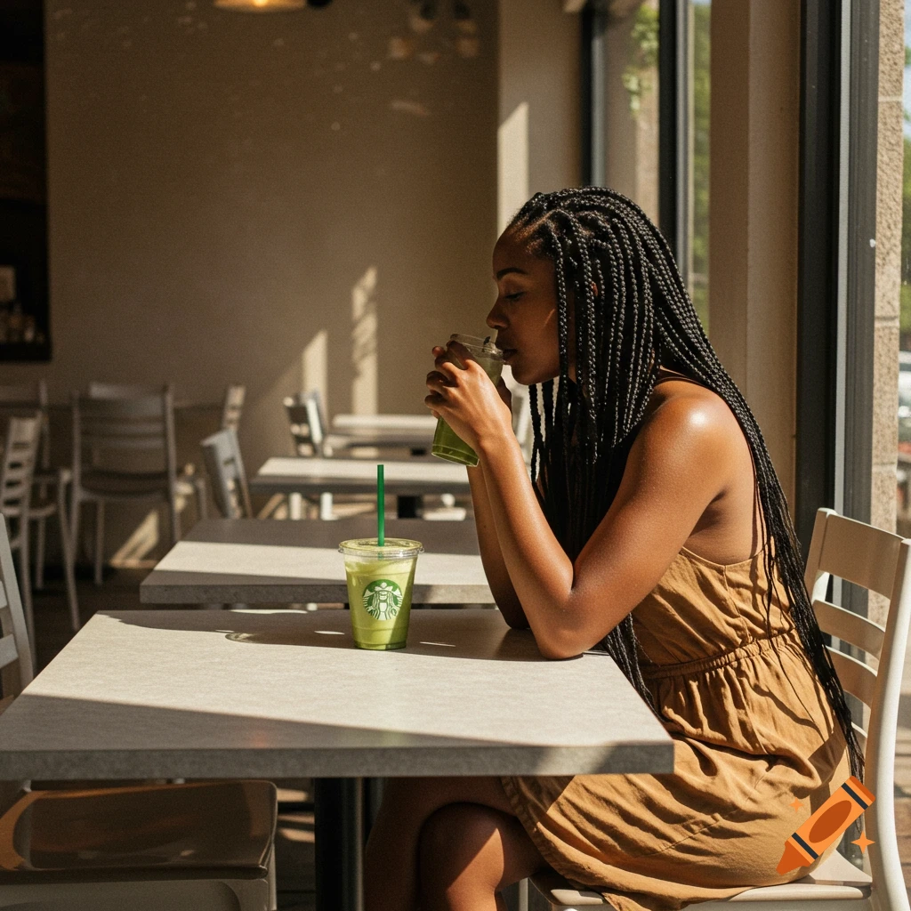 A Black woman with braids sits at a cafe table, drinking a green drink, with a Starbucks cup beside her.