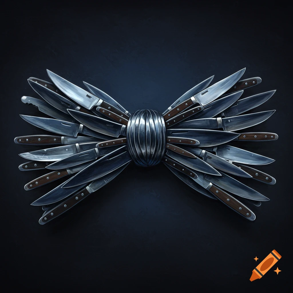 Knives are arranged to form a bow tie against a dark background.