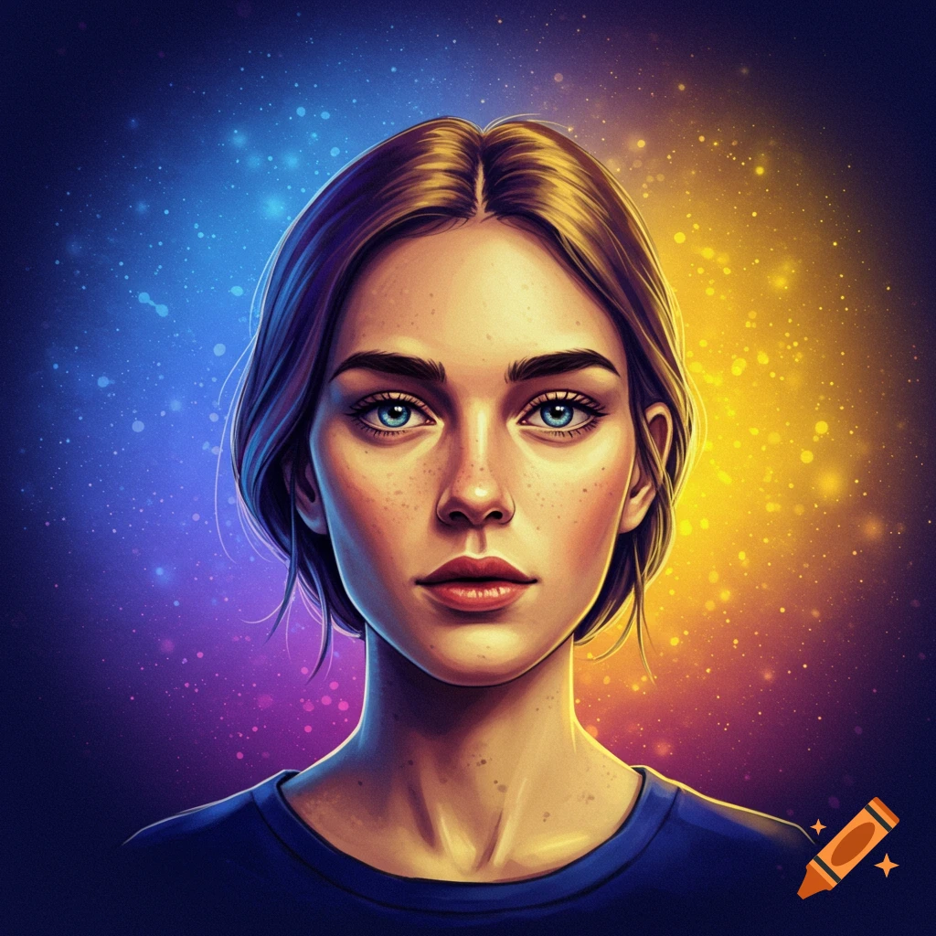 A portrait of a woman with striking blue eyes and delicate freckles, set against a vibrant, swirling backdrop that evokes a sense of the cosmos.
