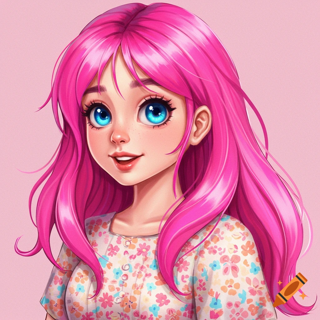 A girl with pink hair and blue eyes is wearing a floral dress