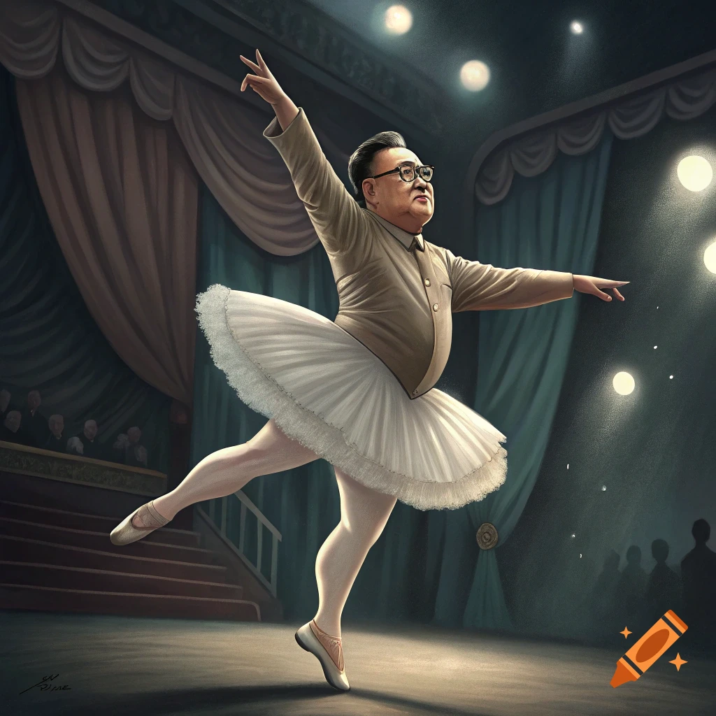 Kim Jong Il in a ballet tutu dancing on a stage