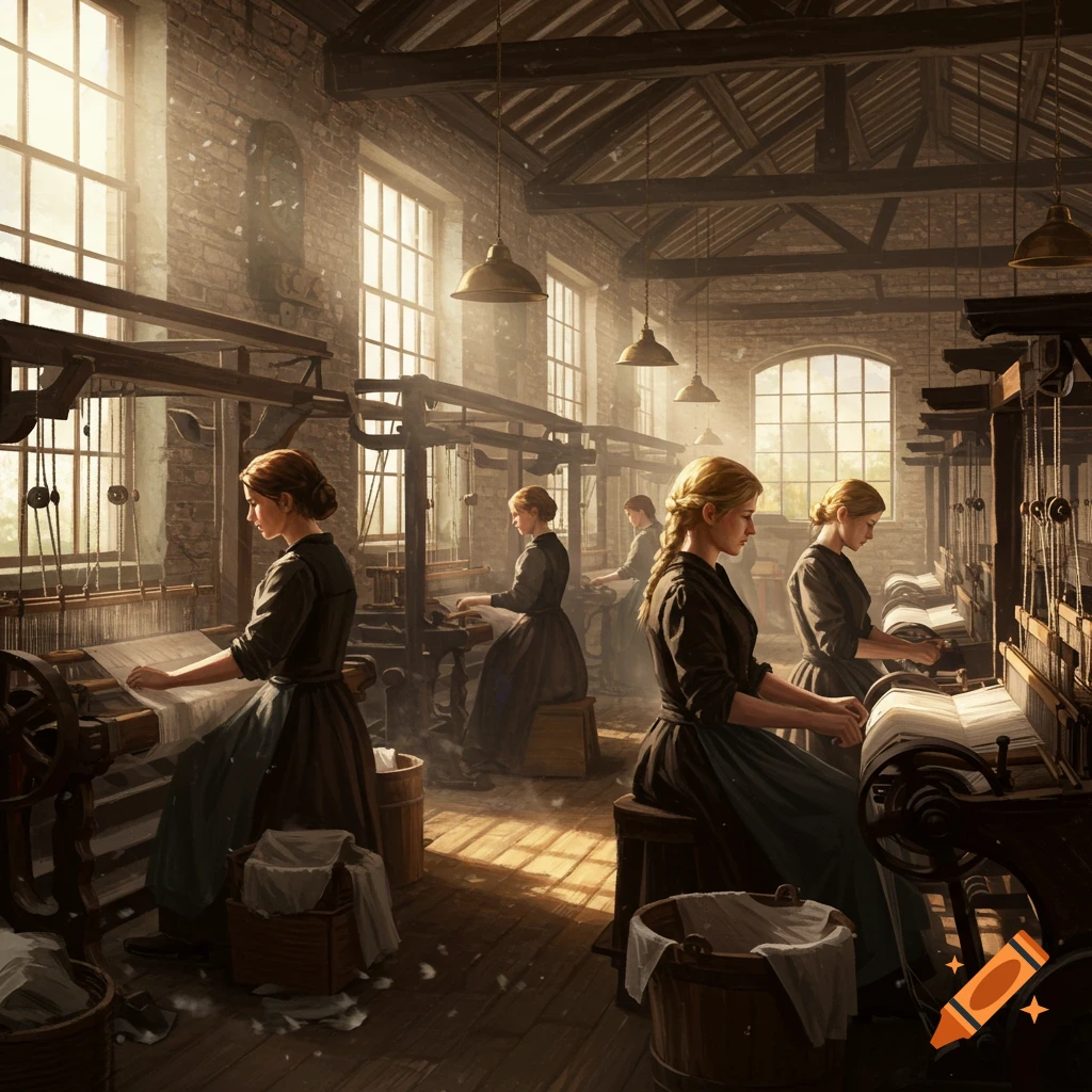 Women working at looms in an 1800s textile factory.