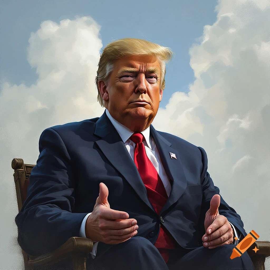 Donald Trump sitting in a chair against a cloudy sky, gesturing with his hands.